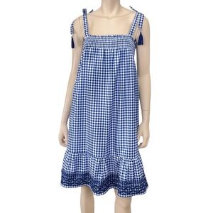 Margaux Riviera Dress Women Large Blue White Gingham Summer Tiered NWT